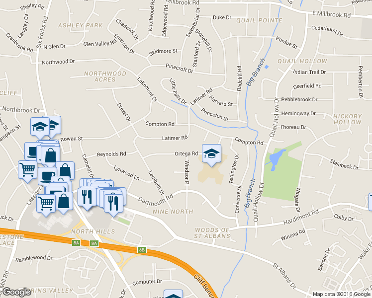 map of restaurants, bars, coffee shops, grocery stores, and more near 421 Ortega Road in Raleigh