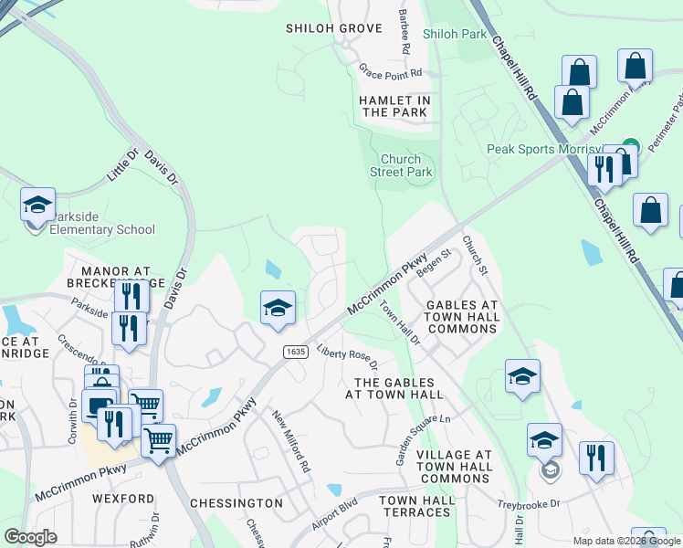 map of restaurants, bars, coffee shops, grocery stores, and more near 1149 Craigmeade Drive in Morrisville