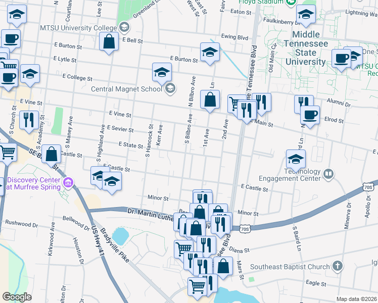map of restaurants, bars, coffee shops, grocery stores, and more near 304 South Bilbro Avenue in Murfreesboro