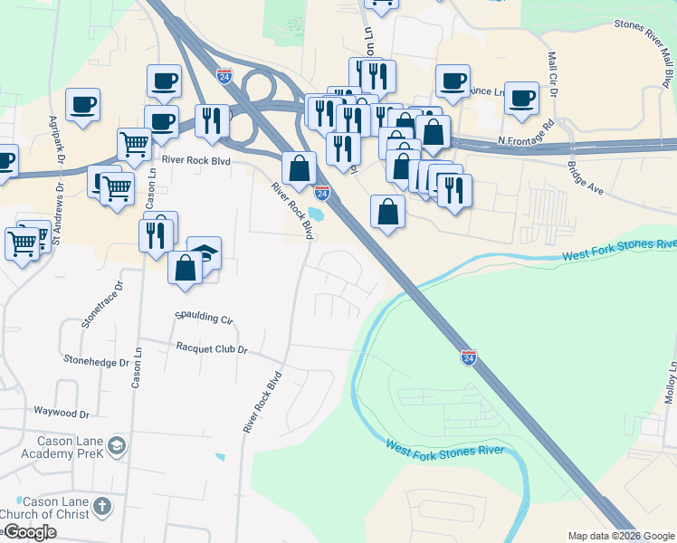 map of restaurants, bars, coffee shops, grocery stores, and more near 2221 River Rock X-ing in Murfreesboro