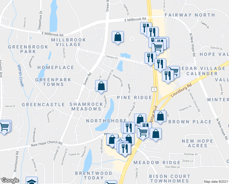 map of restaurants, bars, coffee shops, grocery stores, and more near 4417 Waterbury Road in Raleigh
