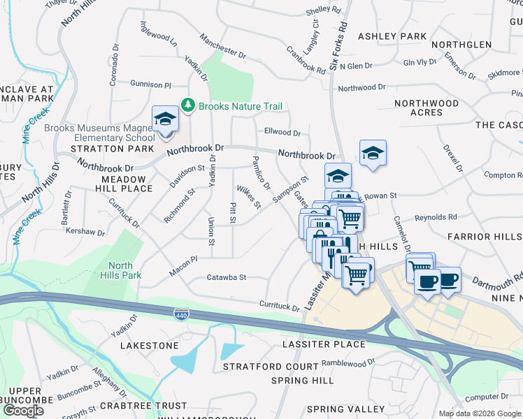 map of restaurants, bars, coffee shops, grocery stores, and more near 600 Macon Place in Raleigh