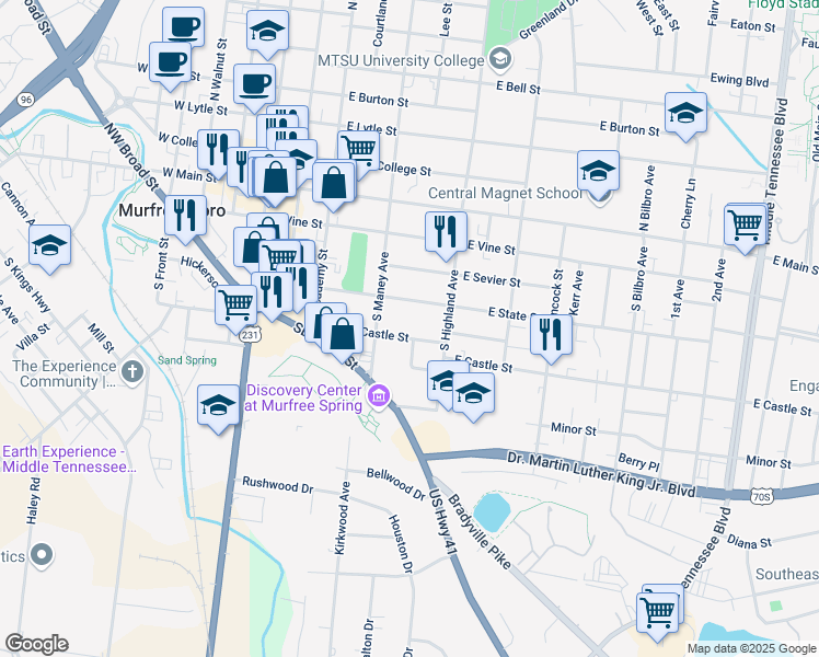 map of restaurants, bars, coffee shops, grocery stores, and more near 410 East Castle Street in Murfreesboro