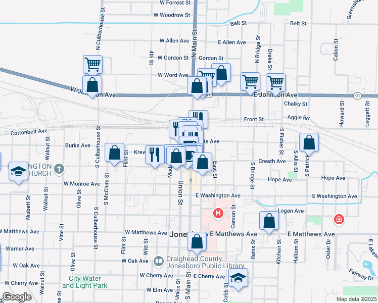 map of restaurants, bars, coffee shops, grocery stores, and more near 231 South Main Street in Jonesboro