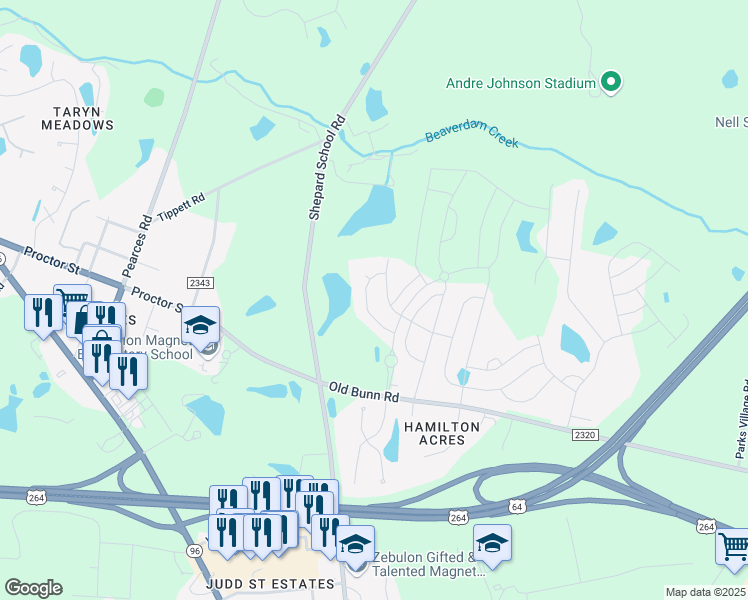 map of restaurants, bars, coffee shops, grocery stores, and more near 1028 Logan Canyon Lane in Zebulon