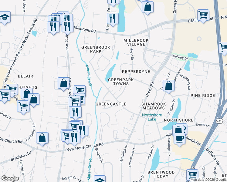 map of restaurants, bars, coffee shops, grocery stores, and more near 4412 Brockton Drive in Raleigh