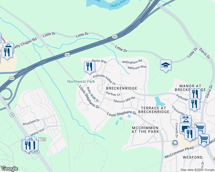 map of restaurants, bars, coffee shops, grocery stores, and more near Gray Marble Rd & Tortoise Ln in Morrisville