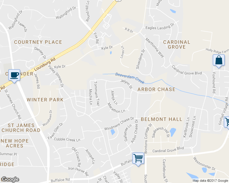 map of restaurants, bars, coffee shops, grocery stores, and more near 4705 Alenja Lane in Raleigh