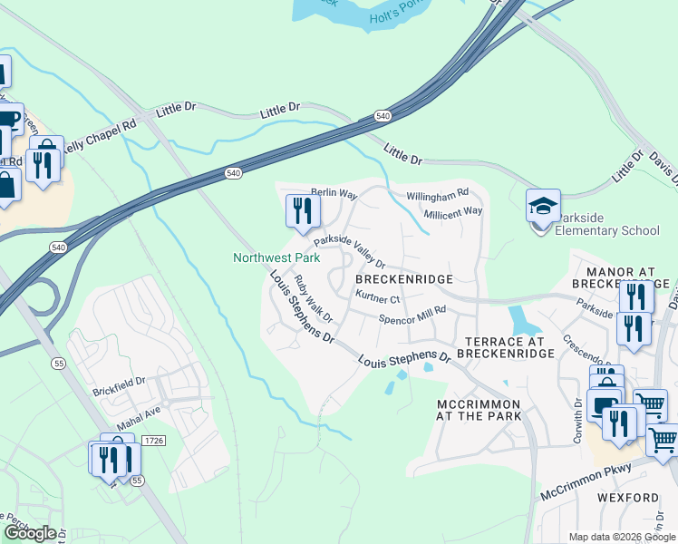 map of restaurants, bars, coffee shops, grocery stores, and more near 710 Sutter Gate Lane in Morrisville