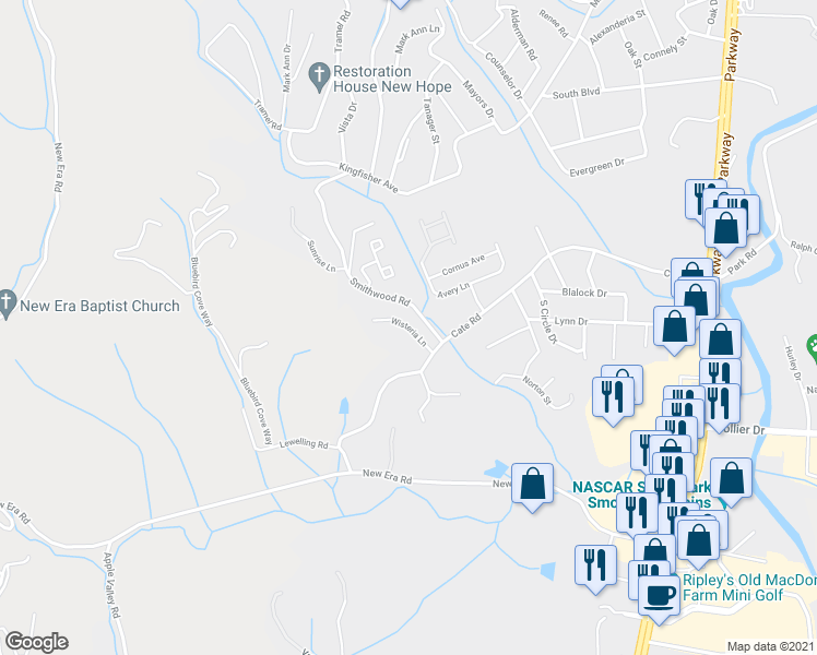 map of restaurants, bars, coffee shops, grocery stores, and more near Wisteria Lane in Sevierville