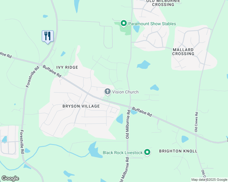 map of restaurants, bars, coffee shops, grocery stores, and more near 7633 Buffaloe Road in Raleigh