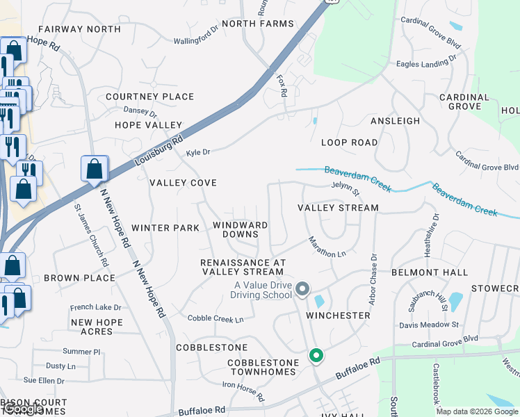 map of restaurants, bars, coffee shops, grocery stores, and more near 4901 Windblown Court in Raleigh