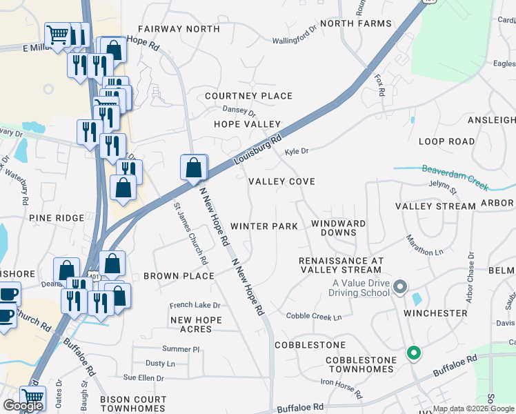 map of restaurants, bars, coffee shops, grocery stores, and more near 4316 James Road in Raleigh