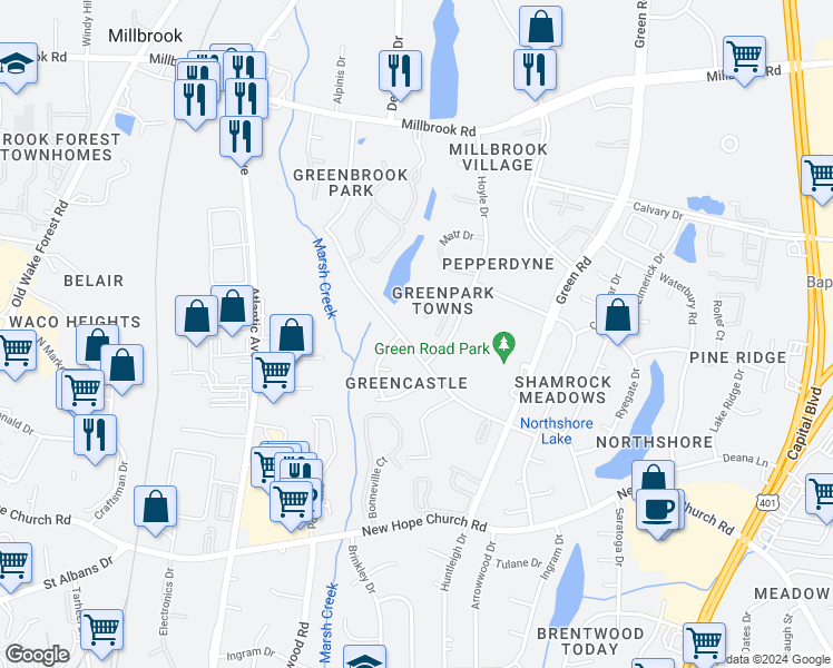 map of restaurants, bars, coffee shops, grocery stores, and more near 4409 Brockton Drive in Raleigh