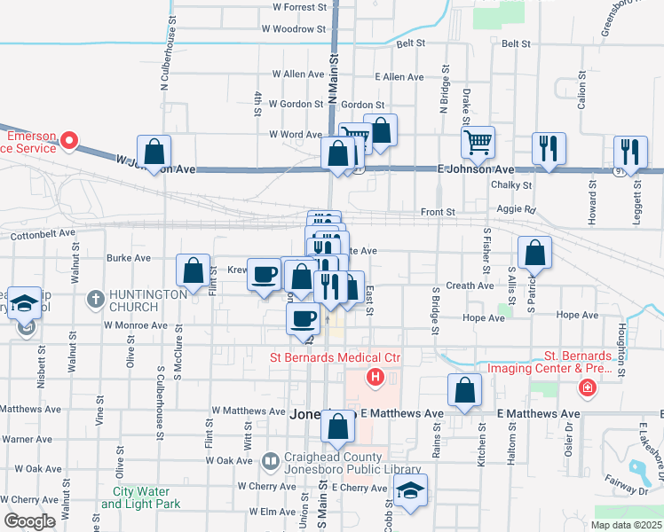 map of restaurants, bars, coffee shops, grocery stores, and more near 231 South Main Street in Jonesboro