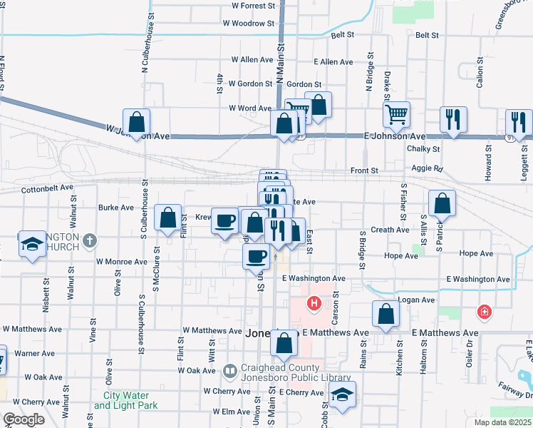 map of restaurants, bars, coffee shops, grocery stores, and more near 231 South Main Street in Jonesboro