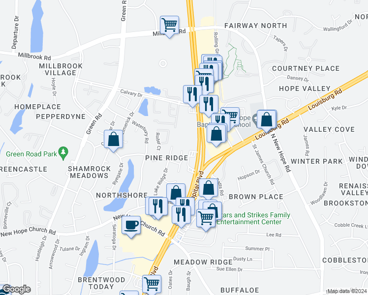 map of restaurants, bars, coffee shops, grocery stores, and more near 4378 Bona Court in Raleigh