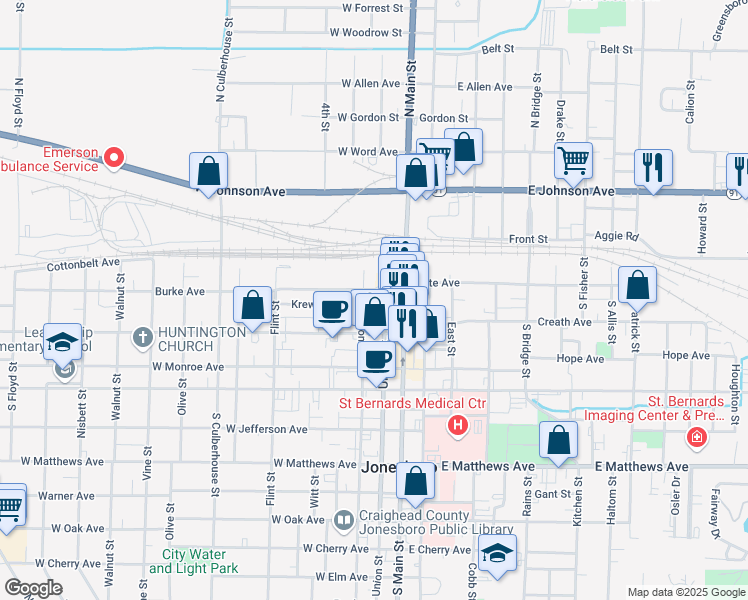 map of restaurants, bars, coffee shops, grocery stores, and more near 215 Union Street in Jonesboro