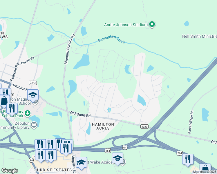 map of restaurants, bars, coffee shops, grocery stores, and more near 128 Brisk Drive in Zebulon
