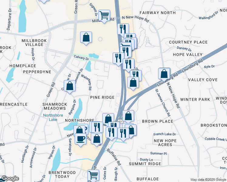 map of restaurants, bars, coffee shops, grocery stores, and more near 4376 Bona Court in Raleigh