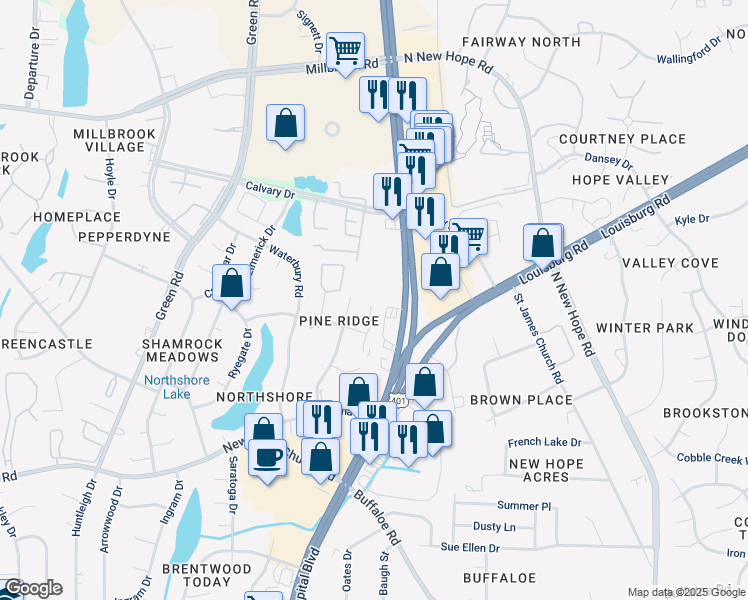 map of restaurants, bars, coffee shops, grocery stores, and more near 4378 Bona Court in Raleigh