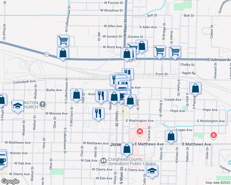 map of restaurants, bars, coffee shops, grocery stores, and more near 215 Union Street in Jonesboro