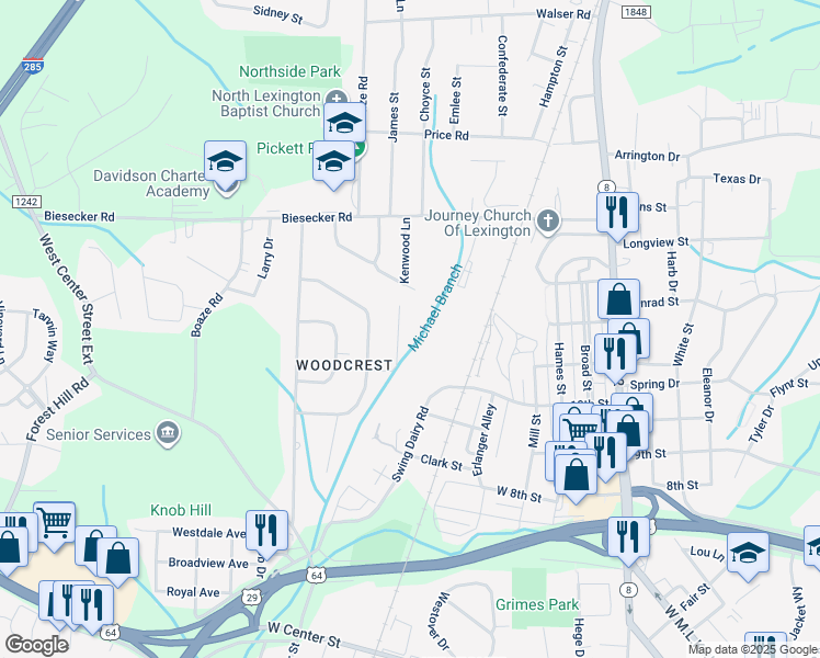 map of restaurants, bars, coffee shops, grocery stores, and more near 18 Mayflower Lane in Lexington