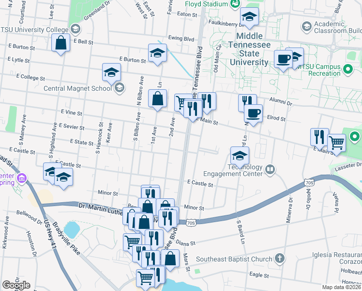 map of restaurants, bars, coffee shops, grocery stores, and more near 1955 Middle Tennessee Boulevard in Murfreesboro