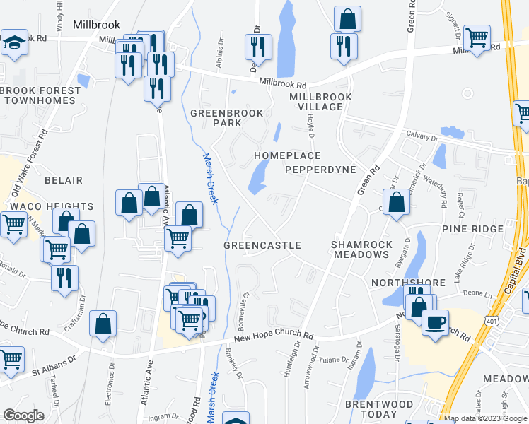map of restaurants, bars, coffee shops, grocery stores, and more near 4416 Brockton Drive in Raleigh