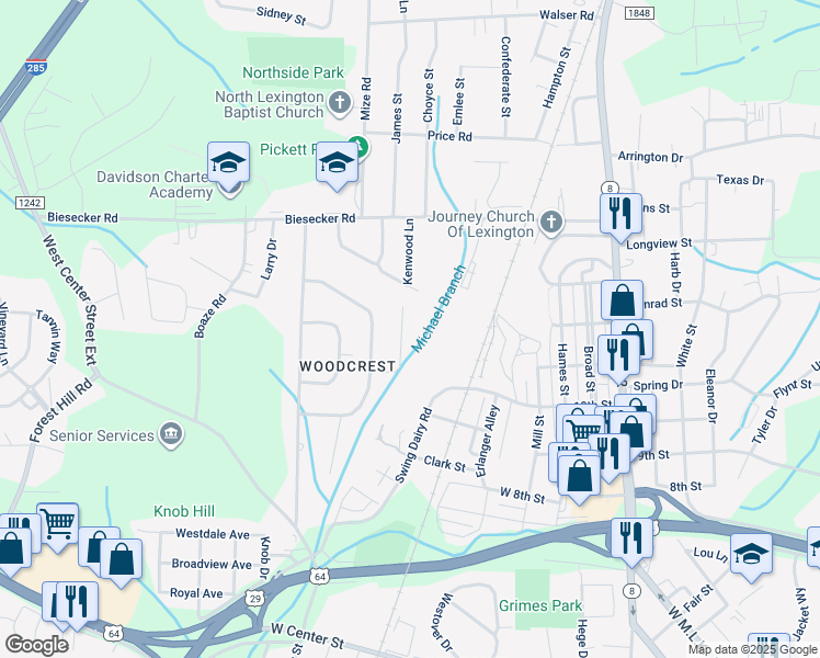 map of restaurants, bars, coffee shops, grocery stores, and more near 18 Mayflower Lane in Lexington