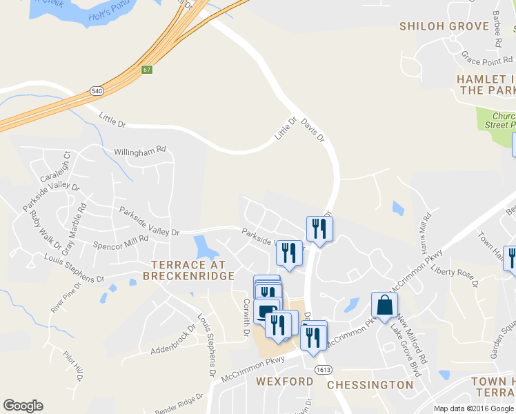 map of restaurants, bars, coffee shops, grocery stores, and more near 305 Mannington Drive in Morrisville