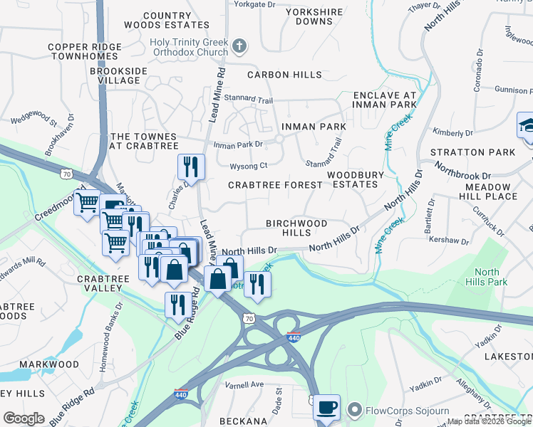 map of restaurants, bars, coffee shops, grocery stores, and more near 2112 Hillock Drive in Raleigh