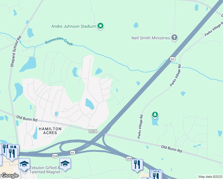 map of restaurants, bars, coffee shops, grocery stores, and more near U.S. Highway 64 in Zebulon