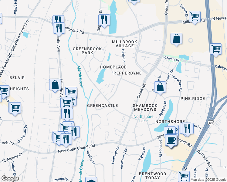 map of restaurants, bars, coffee shops, grocery stores, and more near 4622 Ravi Road in Raleigh