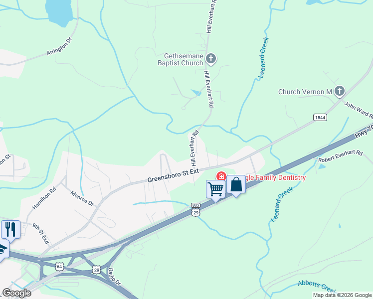 map of restaurants, bars, coffee shops, grocery stores, and more near 154 Hill Everhart Road in Lexington