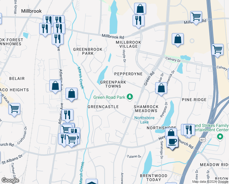map of restaurants, bars, coffee shops, grocery stores, and more near 4622 Ravi Road in Raleigh
