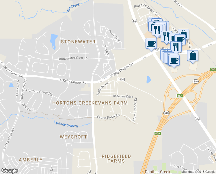 map of restaurants, bars, coffee shops, grocery stores, and more near 4129 Strendal Drive in Cary