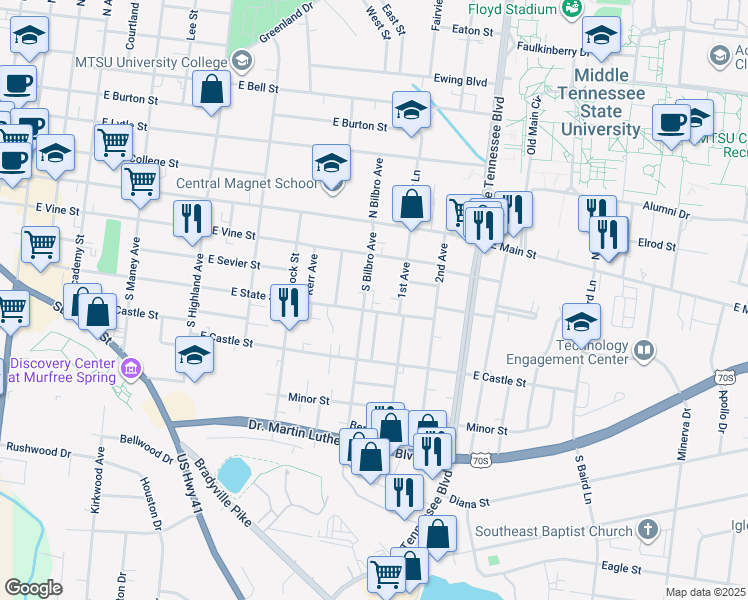 map of restaurants, bars, coffee shops, grocery stores, and more near 300 1st Avenue in Murfreesboro