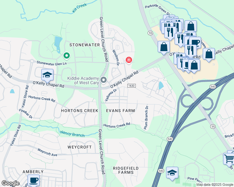 map of restaurants, bars, coffee shops, grocery stores, and more near 1300 Alston Forest Drive in Cary