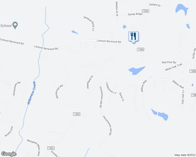 map of restaurants, bars, coffee shops, grocery stores, and more near 152 Heartland Drive in Pittsboro