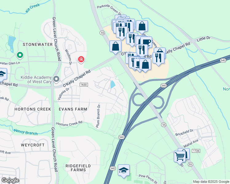map of restaurants, bars, coffee shops, grocery stores, and more near 2036 Alston Avenue in Cary
