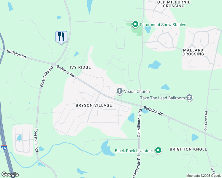 map of restaurants, bars, coffee shops, grocery stores, and more near 7633 Buffaloe Road in Raleigh