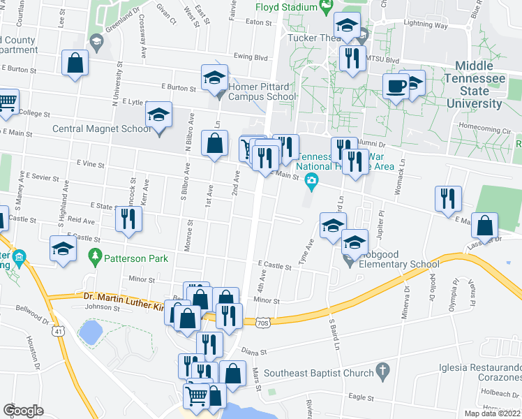 map of restaurants, bars, coffee shops, grocery stores, and more near 216 4th Avenue in Murfreesboro