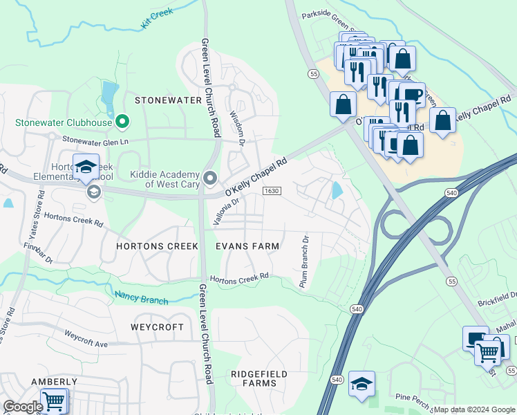 map of restaurants, bars, coffee shops, grocery stores, and more near 4133 Vallonia Drive in Cary