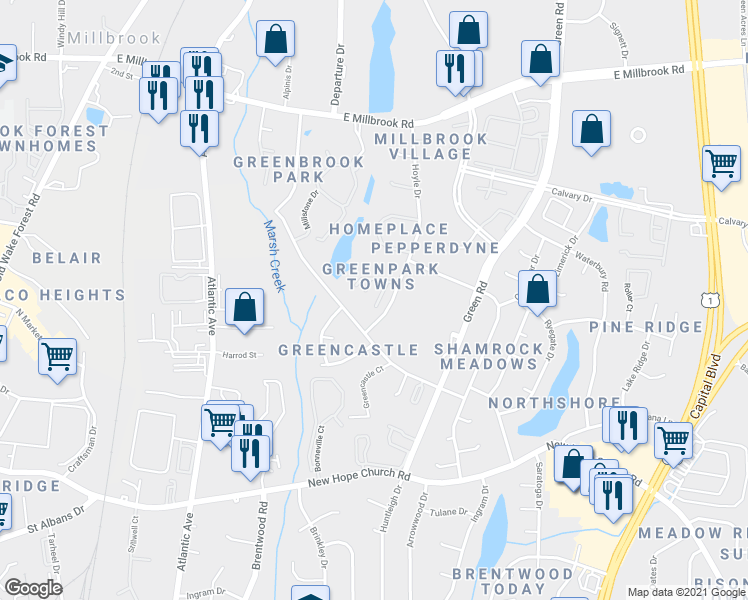 map of restaurants, bars, coffee shops, grocery stores, and more near 4600 Ravi Road in Raleigh