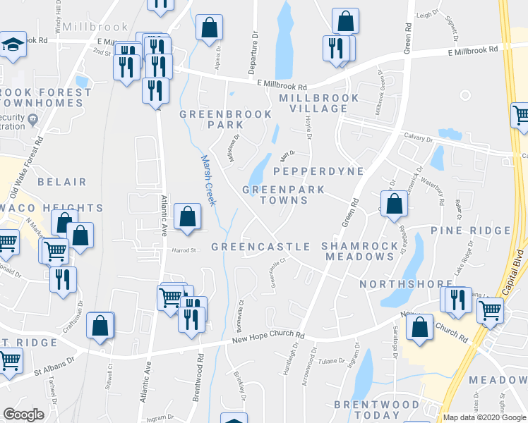 map of restaurants, bars, coffee shops, grocery stores, and more near 4409 Brockton Drive in Raleigh