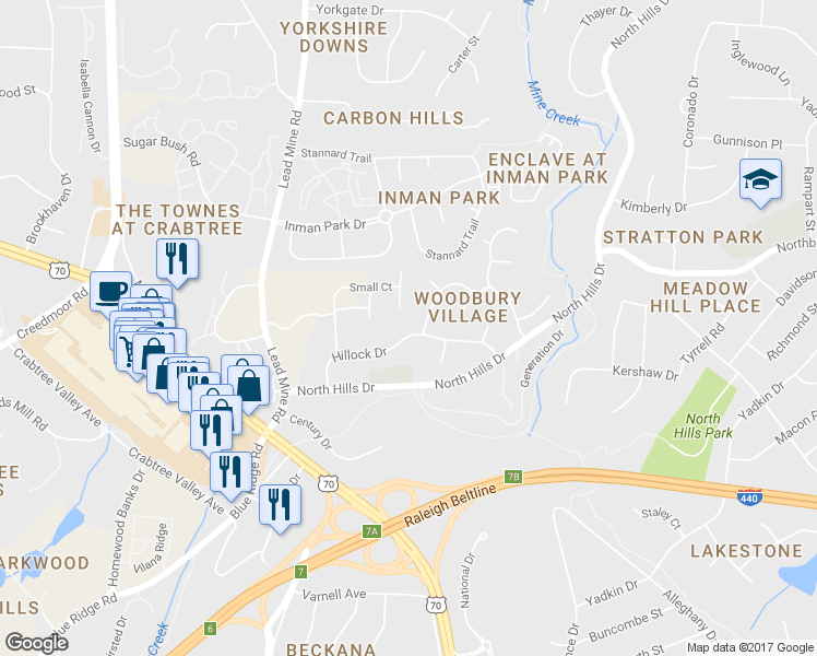 map of restaurants, bars, coffee shops, grocery stores, and more near 2011 Hillock Drive in Raleigh