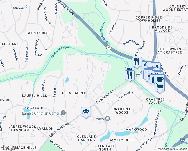 map of restaurants, bars, coffee shops, grocery stores, and more near 4411 Manor Village Way in Raleigh