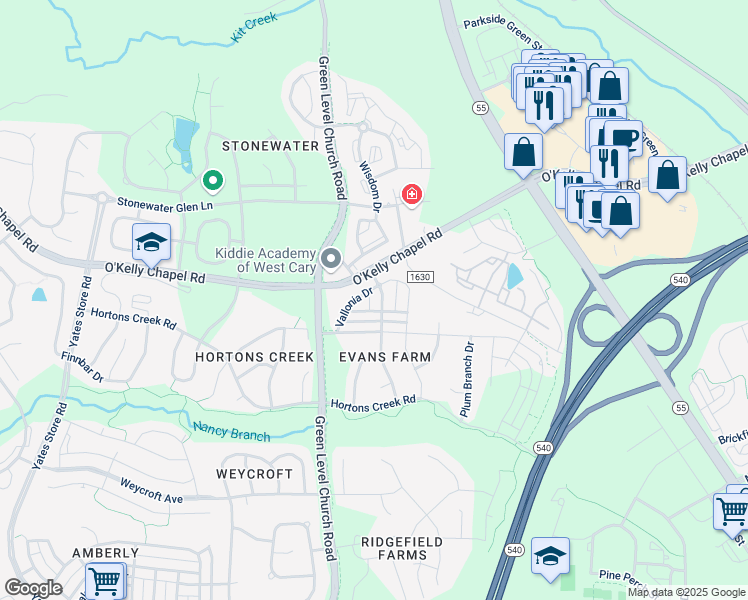 map of restaurants, bars, coffee shops, grocery stores, and more near 1300 Alston Forest Drive in Cary