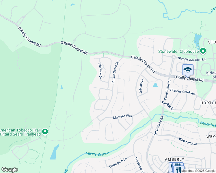 map of restaurants, bars, coffee shops, grocery stores, and more near 1415 Abbotsford Way in Cary